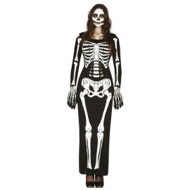 Traje de esqueleto de senhora para mulheres longas de vestido