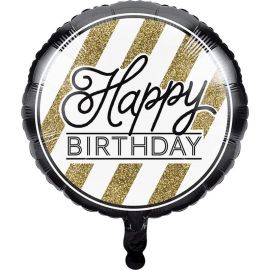 Balão Happy Birthday Negro y Ouro 45 cm