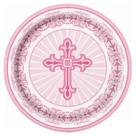 8 Pratos Comunhão Cruz Rosa 23 cm