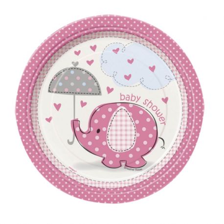 8 Pratos Baby Shower Elefante Menina 18 cm