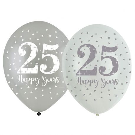 6 Balãos Bodas de Prata de Látex 27 cm