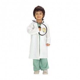 Fantasia de doutor verde com criança branca
