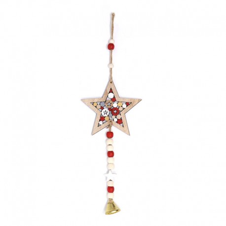 Pingente de estrela de madeira decorada 38 x 12 cms
