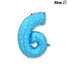Globo Número 6 Foil Azul con Estrellas 81 cm