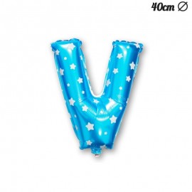 Balão Letra V Foil Azul com Estrelas 40 cm