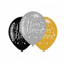 6 Balões Happy Birthday Elegante Dourado de Látex 28 cm