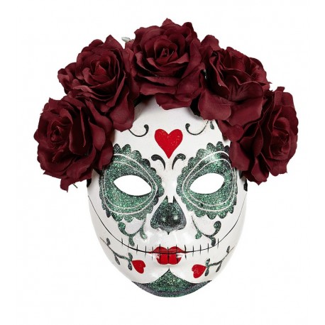 Máscara Catrina com glitter e rosas Bordeaux