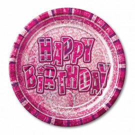 8 Pratos Happy Birthday Rosa Glitz 23 cm
