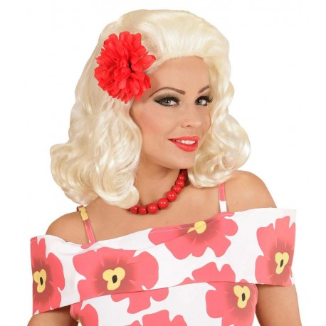 Peluca de Pin Up Rubia con Rosa