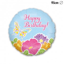 Globo Happy Birthday Flores Mariposa Foil Redondo 46 cm
