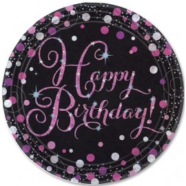 8 Pratos Happy Birthday Elegant Pink 23 cm