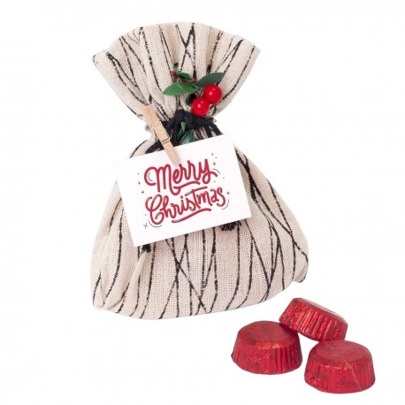 Bolsa de algodão com linhas pretas e cartão de Natal recheado com 3 10x13cm de chocolates