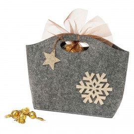 Cesta de Natal com 20 chocs croki feitos de feltro cinza e detalhes de glitter dourado 26x19x7cm