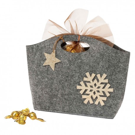 Cesta de Natal com 20 chocs croki feitos de feltro cinza e detalhes de glitter dourado 26x19x7cm